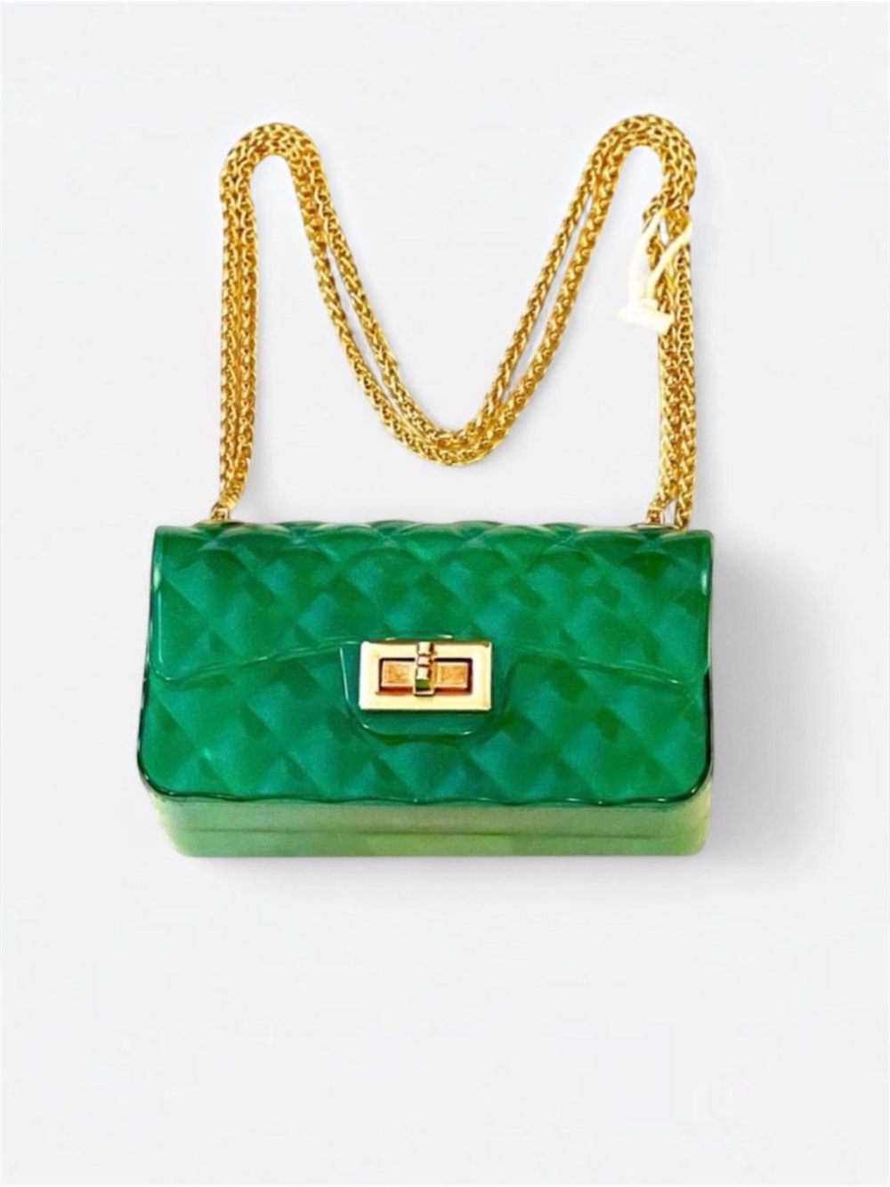 Green Quilted Look Jelly Bag Chain Shoulder Bag